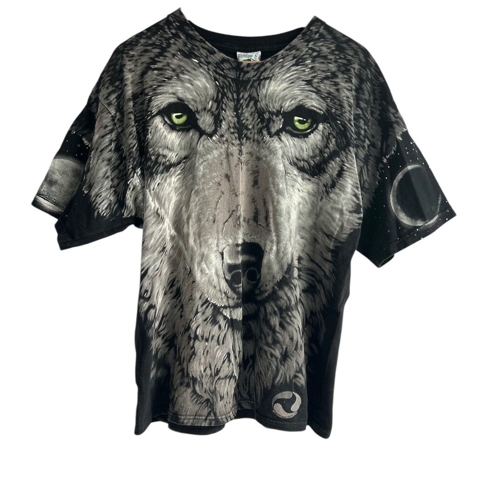 Vintage Liquid Blue Shirt Adult L 1995 USA Graphic Wolf  AOP All Over‎ 90s Mens
